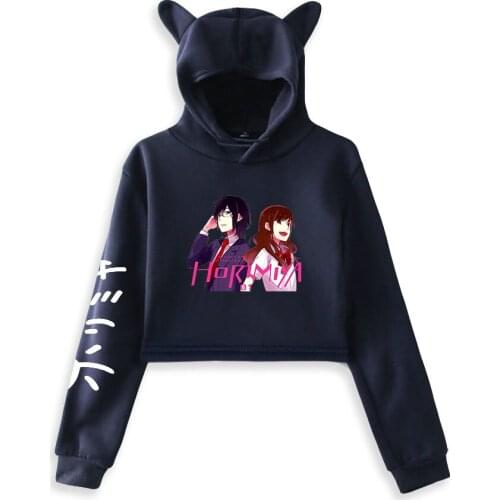 Horimiya Printing Cat Cropped Hoodies Girl Long Sleeve Hooded Pullover Crop Tops Sexy Loose Ins Tide Kpop Miyamura Izumi