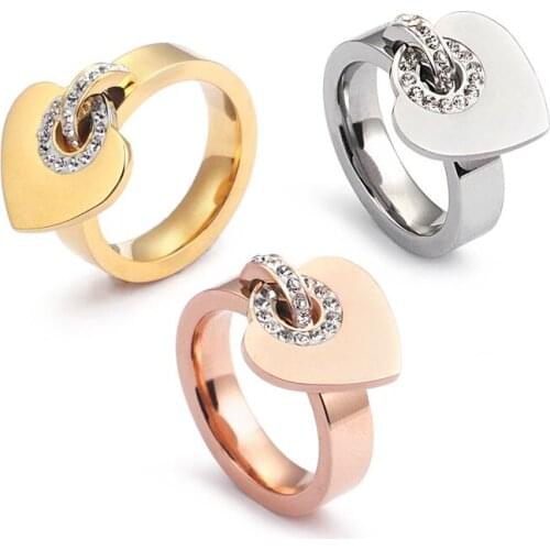 Heart-shaped Pendant Ring Cubic Zirconia Stainless Steel Ring for Women Valentines Day Gift Gold/Silver Color/Rose Gold Jewelr