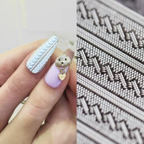 3D White Sweater Knit Pattern Embossed Nail Sticker 5D Adhesive Nail Slider Decals Nail Art Decorations Stickers
