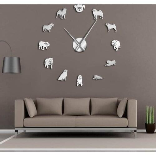 Pug a Licious Pug Dog DIY Giant Wall Clock Dog Breeds Mirror Effect Wall Art Pet Shop Decorative Wall Watch Gift For Pug Lovers