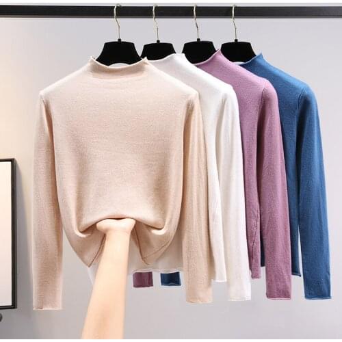 2021 Fall Winter New Womens Half High Neck Pullover Knitted Bottoming Shirt Long Sleeve Solid Color Thin Knit Top Ladies e453