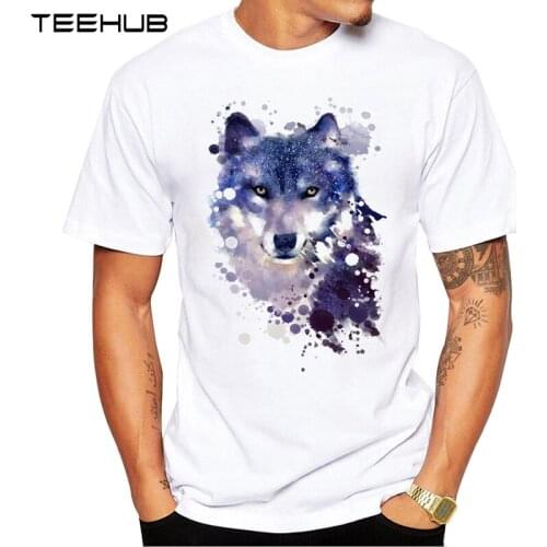 New Arrivals 2019 TEEHUB Cool Painted Space Wolf Design Mens Fashion Printed T-Shirt Short Sleeve O-neck Tops Hipster Tee