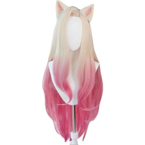 Game KDA Baddest Ahri Cosplay Wigs LOL KDA Cosplay Blonde Mixed Pink Wigs with Ears Heat Resistant Synthetic Hair + Free Wig Cap