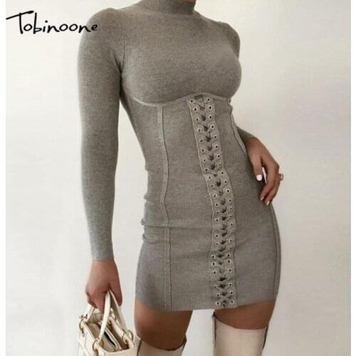 Tobinoone Ribbed Mini Dress Women Sexy Party O Neck Drawstring Knit Club Long Sleeve Bodycon Short Womens Autumn Winter Dresses