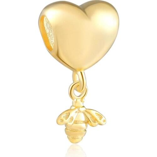 Authentic S925 Silver Bead DIY Jewelry Heart & Bee Charm fit Lady Bracelet Bangle Gold Colour Dangle