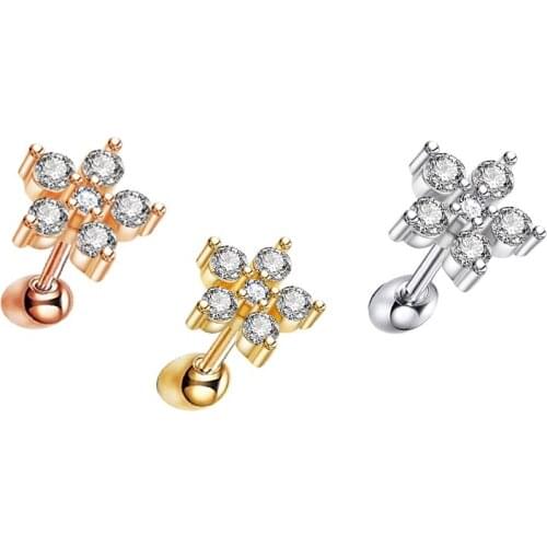 Floral Star Heart Cross Flower Crown Bar Cartilage Piercing Stud Helix Jewelry Tragus Conch Rook Earlobe Screw Back Earring