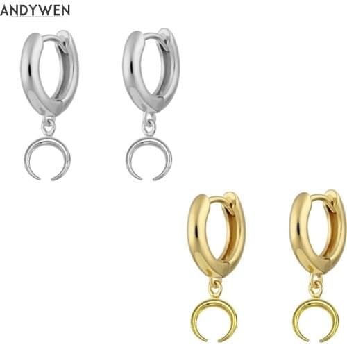 ANDYWEN 925 Sterling Silver Gold Horn Huggie Earring Drop Moon Pendant Hoops Women Loops Circle Ring Earring Jewelry