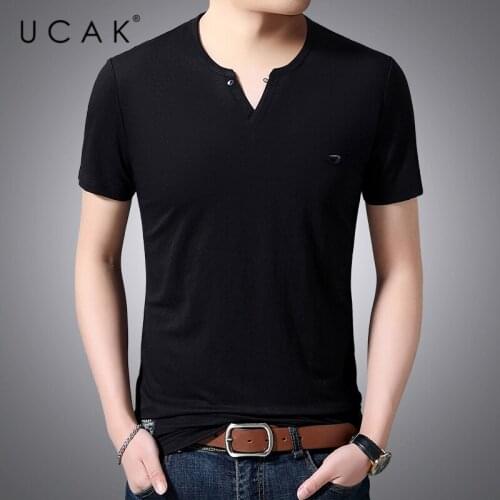 UCAK Brand Streetwear Short Sleeve Solid Color T-Shirts Men Clothing Summer New Classic V-Neck Casual Soft T Shirt Homme U5415