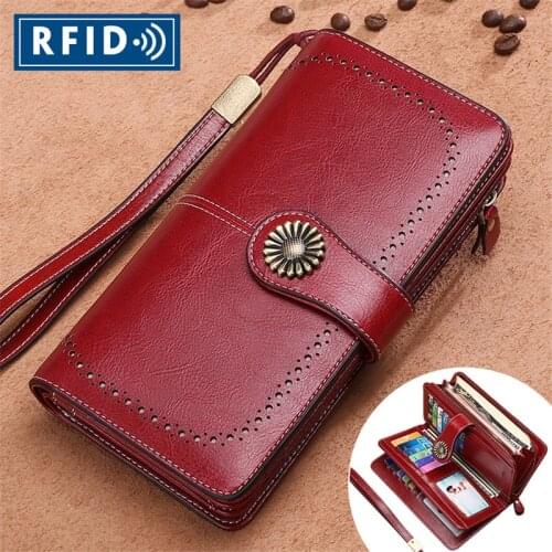 Women Long Genuine Leather Wallet Hollow Out Large Capacity Purse Phone Coin Pocket Photo Card Holder Retro Zipper Hasp Clutch