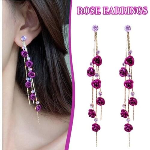 Womens Floral Drop Earrings with Zircon Glittery Rose Flower Ear Drop Alloy Tassels Ear Gift for Girls Trendy Accessories ML