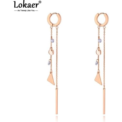 Lokaer Trendy Titanium Steel Bohemia Tassel Long Earrings Jewelry Rose Gold CZ Crystal Hoop Earrings For Women Girls E20286