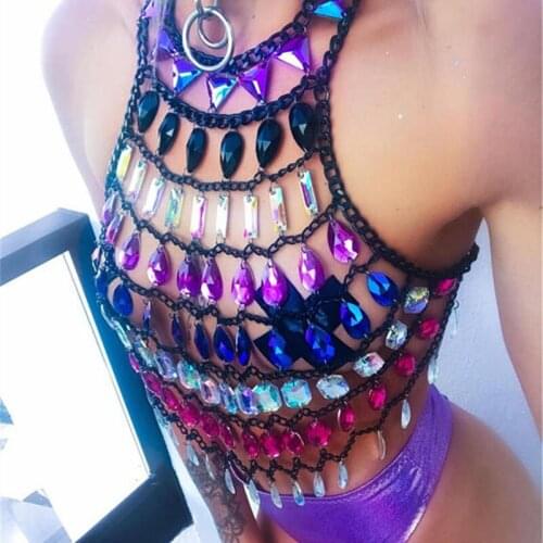 Handmade Acrylic Gem Strap Vest Hollow Out Sexy Beaded tassel Fringe Bra Breast Jewelry Body Chain Ladies Beach Dance Clubwear