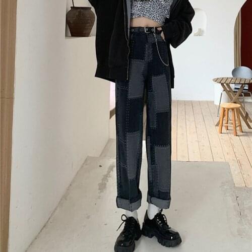 2021 Plus size 5XL Casual Black Jeans Indie Patchwork Women Loose Baggy Denim Fashion Trouser Boy Friend Style High Waist Jeans