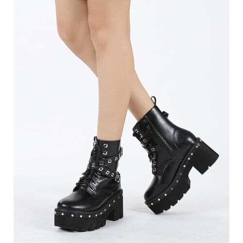 Fashion Motorcycle Boots Women Leather Spring Autumn Metal Buckle High Heels Shoes Zipper Black Ankle Boots Woman Lacing