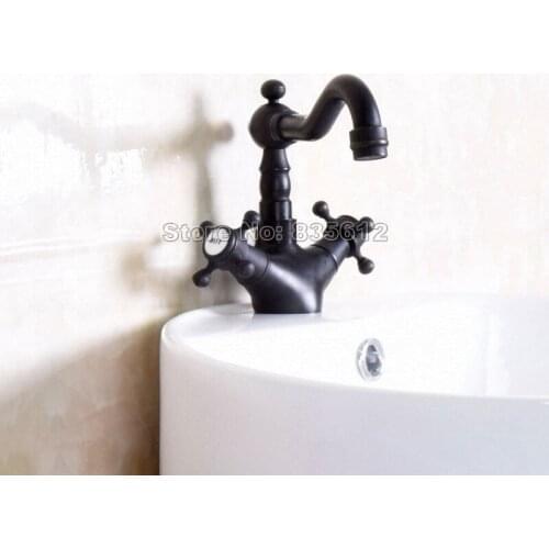 Black Oil Rubbed Brass Swivel Spout Bathroom Basin Faucet Double Cross Handles Deck Mount Vessel Sink Mixer Taps Wnf143