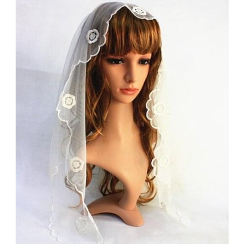 Ivory Embroidery Short Style Wedding Lace Veil Catholic Veil