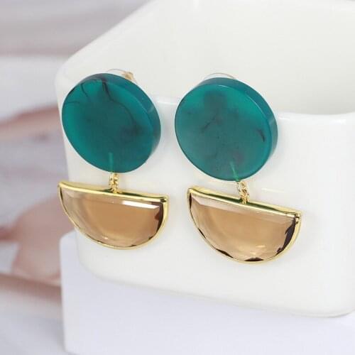 Blooming dark green resin inlaid semicircular zircon earrings