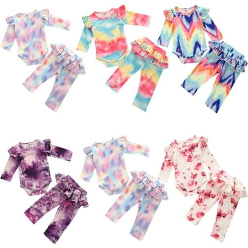 Toddler Baby Girl Fall Cotton Tie-Dye Outfit Sets Long Sleeve Button Romper+Elastic Pants+Bowknot Headband Clothes