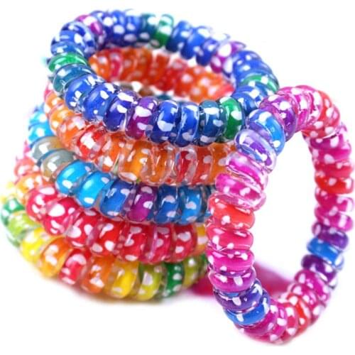 Women Girls Colorful Rainbow Spiral Hair Ties Rope Telephone Wire Plastic No Crease Coil Thickened Ponytail Holder Random Color