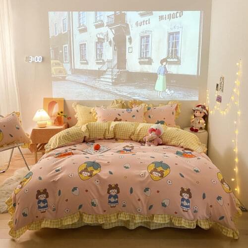 4pcs Cartoon Bedding Set Printed Bed Linens Flat Sheet Princess Bedspread Bed Cover Duvet Cover Set King Queen Size Bed Set