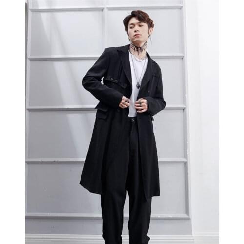 2021 spring new black double breasted medium and long windbreaker suit collar Yamamoto dark wind slim Korean version British