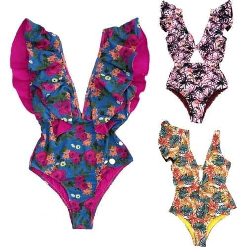 2021 New Monokini Floral Print Deep V Neck Swimwear Women Sexy Ruffle One Piece Swimsuit for Summer