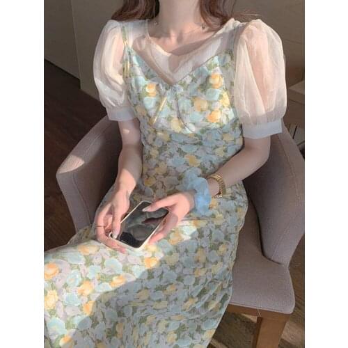 New summer dress French style waist slimming dress female super green floral suspender dress 01-DS-ddshls