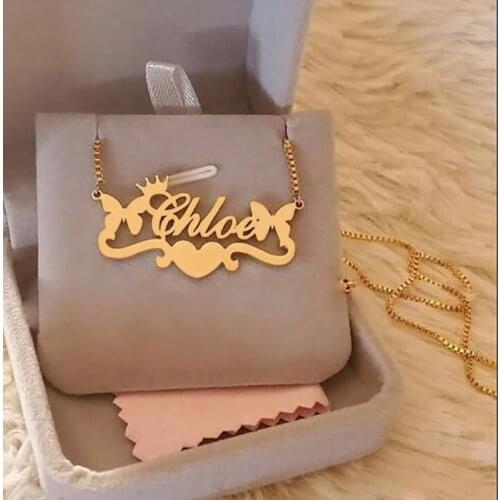 Personalized Butterfly Crown Heart Custom Name Necklaces For Women Nameplate Jewelry Stainless Steel Letter Necklace BFF Gift