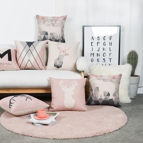 Drop Ship Pink Geometric Pillow Cover Deer Cushion Cover Home Decor Pillowcase Decorative Throw Pillow Sham 45X45CM