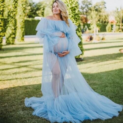 Blue Maternity Gowns For Photoshoot Ruffle Off the Shoulder Maternity Dress for Photography Pregnancy Women Party Wear