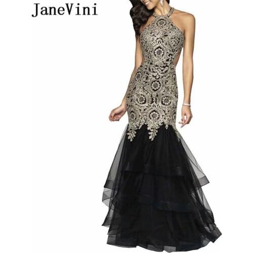 JaneVini Sexy African Mermaid Evening Long Dresses Halter Gold Lace Appliques Beads Backless Tulle Black Evening Gown Avond Jurk