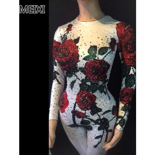 Sexy red rose black and white background rhinestone diamond water stretch jumpsuit bar nightclub concert singer dance costumes