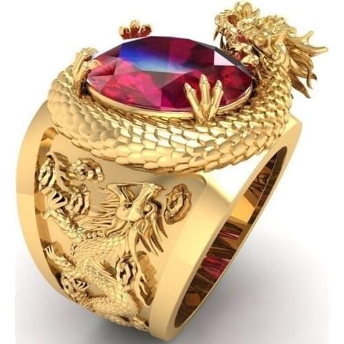 Modyle Luxury Gold Color Dragon Pattern Men Rings Inlaid Big Oval Red Stone Noble Wedding Party Finger Rings Male Trendy Jewelry