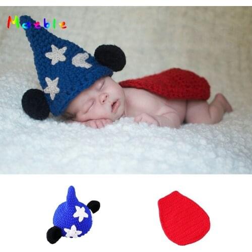 Blue Red Clown Design Newborn Photography Props Knitted Baby Hat and Cape Set Infant Boys Crochet Costume for Photo Shoot