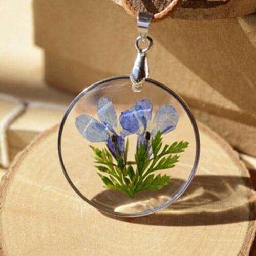 Jewelry Accessories Vintage Bronze Round Frame Handmade Long Rope Chain Epoxy Purple Natural Flower Pendants Necklaces For Girls