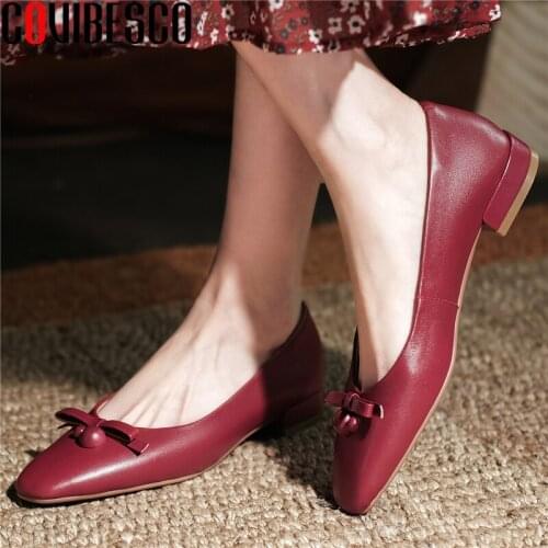 COVIBESCO Sweet Butterfly-Knot Women Pumps Casual Low Heels Spring Summer Concise Genuine Leather Shoes Woman 2021 New Arrival