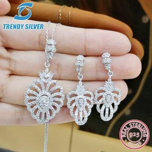 Complete pure 925 sterling silver zirconia clear CZ luxury jewelry set ring earrings for woman pendant necklace trendy design