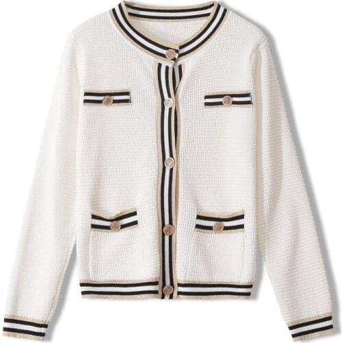 Sweaters Early Autumn Graceful Women Cardigan Casual Knited Gold Line Striped Four-Mouth Bag Long-Sleeve Knitwear Lady Jumpers