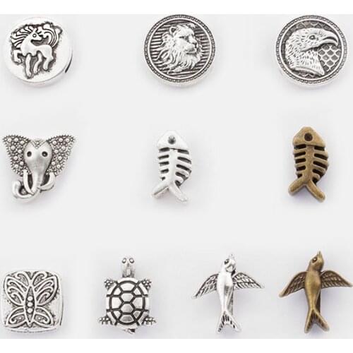 10Pcs Antique Silver Color Animals Bird Fish Slider Beads Spacer For 10x2mm Flat Leather Cord DIY Bracelets Jewelry Accessories
