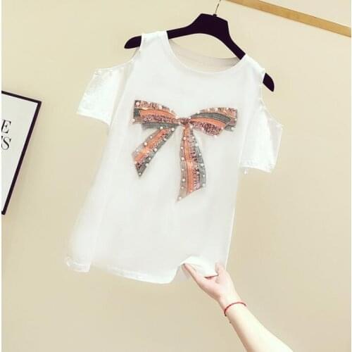 2021 Summer Off Shoulder T Shirt Women Fashion Bow Squnined Short Sleeve Leisure Shoulderless Tops