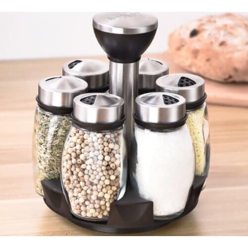 6PCS glass rotary kitchen spice jar set storage container storage rack pepper seasoning spray tool dispenser salt shaker