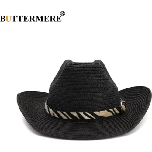 BUTTERMERE Hat Cowboy Black Male Female Straw Beach Hat Leopard Western Cowboy Hats Men Women Outdoor Spring Summer Sun Hat