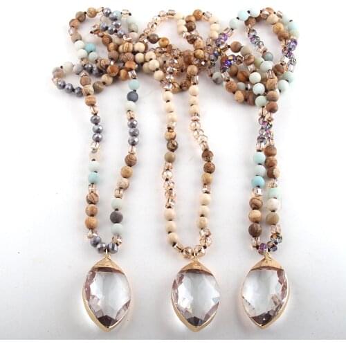 RH Fashion Beaded Jewelry Natural Stones Crystal Long Knotted Glass Dorp Necklaces For Women