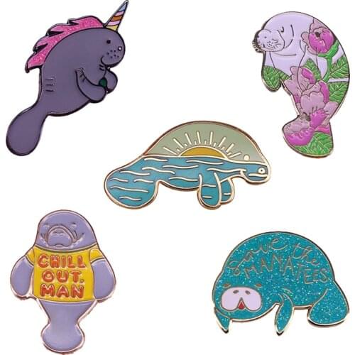 Save the Manatees Enamel Pin Florida Sunrise Landscape Party Unicorn Flowers Brooch Funny Chill Out Reminder