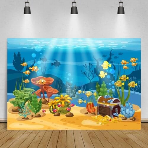 Laeacco Seabed Backgrounds Cartoon Fish Birthday Party Coral Shell Summer Pattern Baby Kid Photography Backdrops Photo Studio