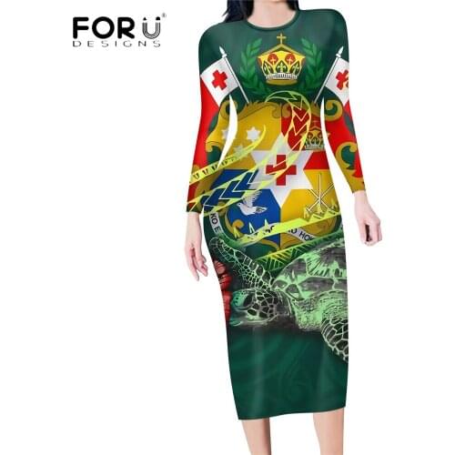 FORUDESIGNS Vintage Sexy Women Casual Long Tops Pencil Dress Polynesian Tonga Sea Turtle Printing Club Party Ladies Bodycon Ropa