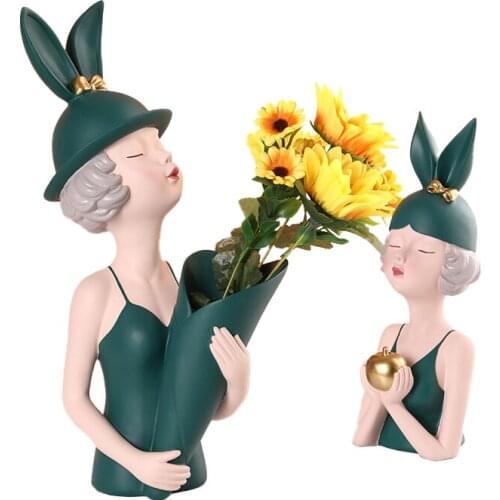 Rabbit Ear Girl Resin Sculpture Character Model Vase Home Decor Living Room Bedroom Countertop Vase Nordic Ornamental Art Statue