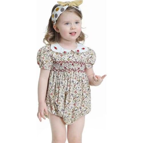 Summer Arrivals Baby Toddler Smocking Clothes Peter Collar Short Sleeve Embroidered Floral Baby Girls Romper Baby Girl Clothes