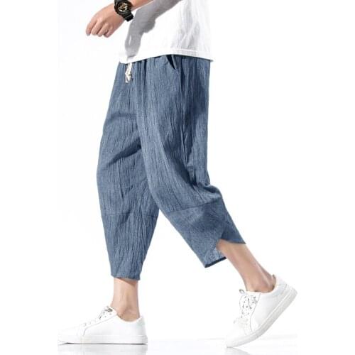 2020 Mens Cotton Linen Cropped Cross Pants Summer Men Wide-Legged Bloomers Calf-Length Trousers Male Chinese Style Harem Pants