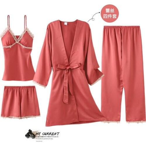 4PCS Kimono Pajamas Sets Spring Womens Sleepwear Sleep Suit Sexy Lace Bathrobe Chest Pads Pyjamas Intimate Lingerie Nightgown